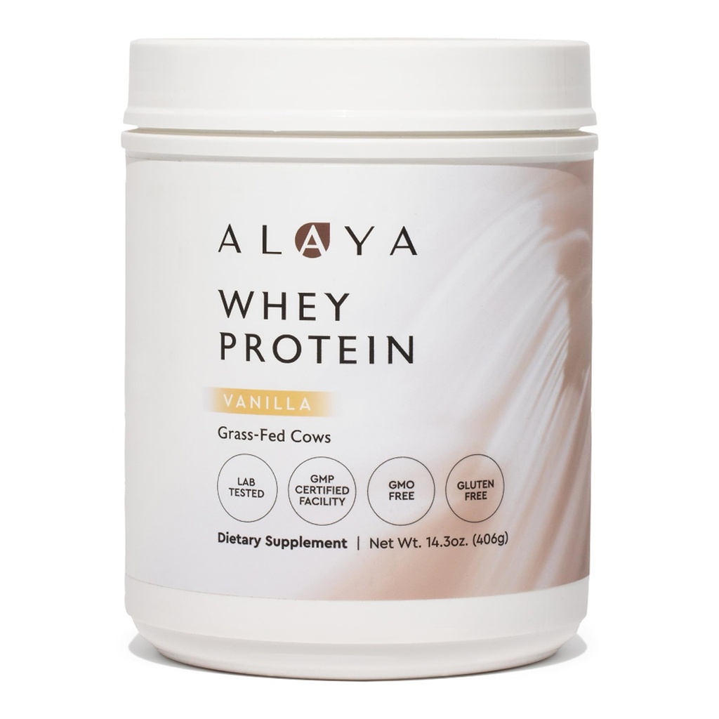 Alaya Naturals - Grass Fed Whey Protein Powder - Vanilla Flavor, All Natural, Hormone Free - 20g Protein per Serving - Non-GMO, rBGH Free, Gluten Free - Great Source of BCAA