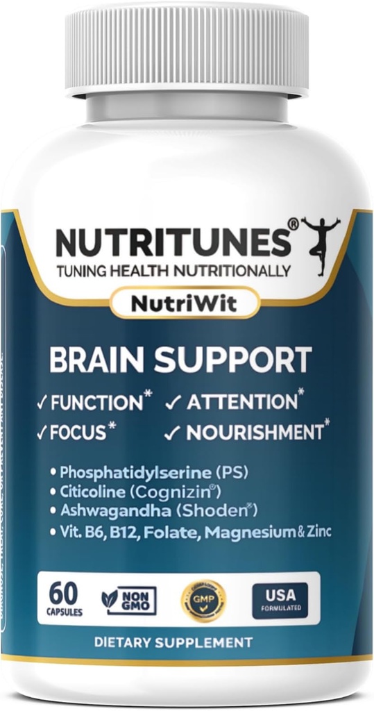 Suplemento de salud cerebral-Memoria, Focus " Brain Nourishment Support with Cognizin Citicoline, Phosphatidylserine, Shoden Ashwagandha, B Vitaminas, Magnesium " Zinc-60 NutriWit Capsules