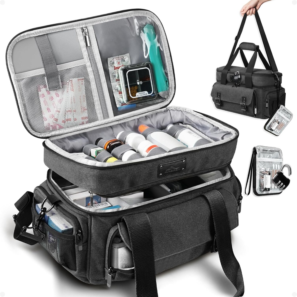 ARCFOX Bolsa de almacenamiento de medicamentos con cerradura, tubos vintage gran organizador de botellas para hombres, doble capas almacenaje de medicamentos con manijas portátiles de bolsillo de viaje, negro