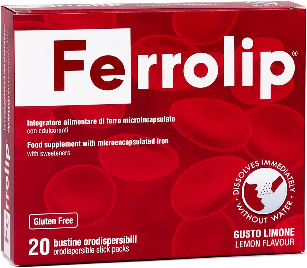Ferrolip Iron Suplemento para Mujer, Hombres y Niños (20 Lemon Flavored Soluble Sachets) - Gastrointestinal Comfort and No Metallic Taste - Vegan and Gluten Free