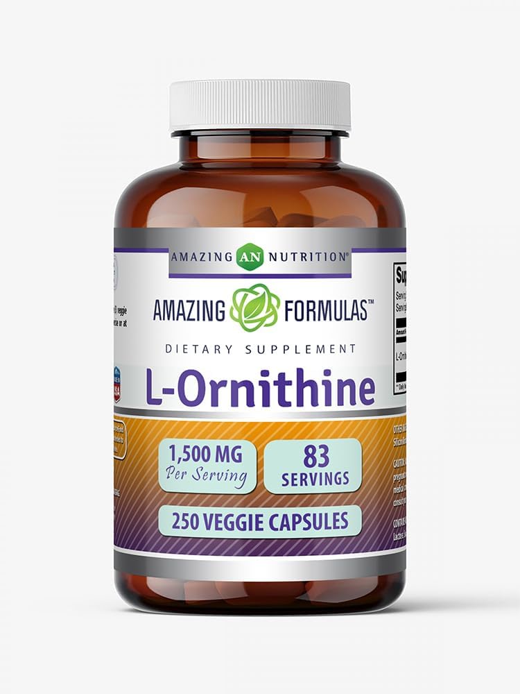 Amazing Formulas L-Ornithine Suplemento Silencio 1500 Mg Por Serving ← 250 Veggie Capsules Silencio No-GMO Silencio Gluten Gratis Silencio Made in USA