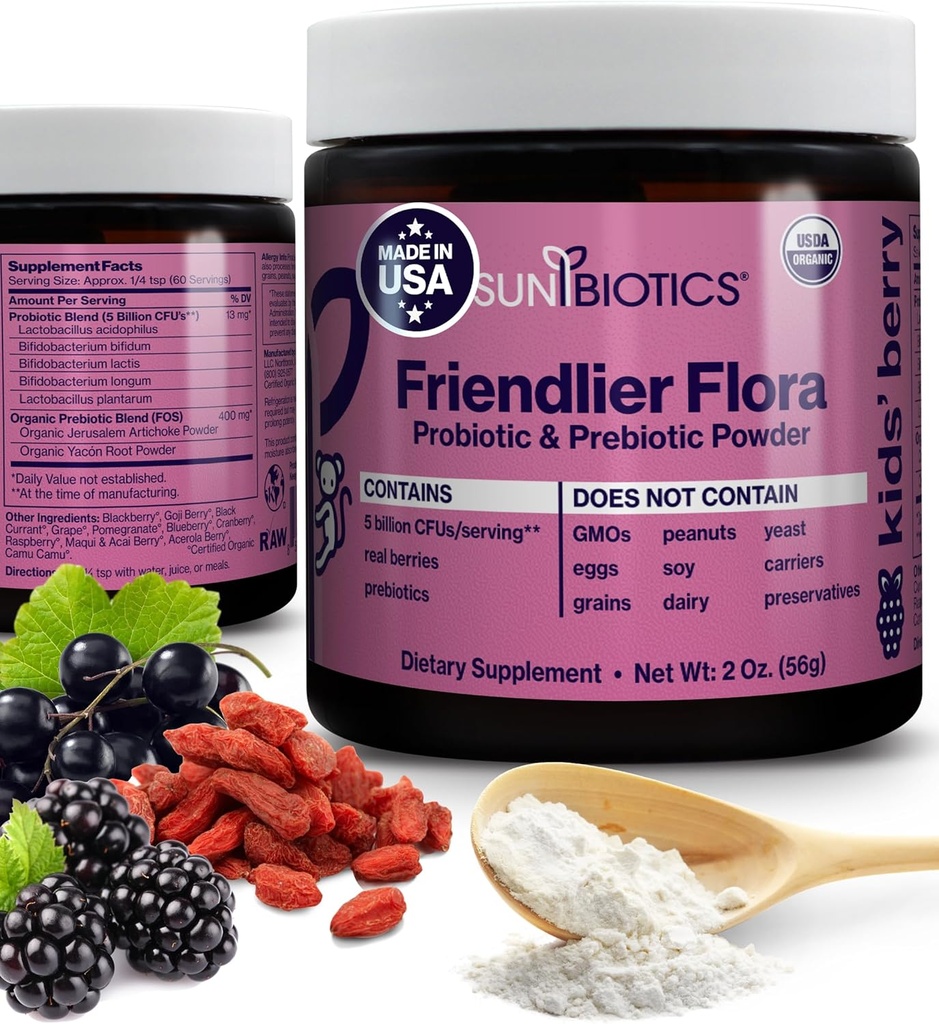 SUNBIOTICS Friendlier Flora - Kids Prebiotic and Probiotic Powder Supplement with 5 Billion CFUs of 5 Probiotic Strains for Good Gut Flora, Immune System, & Balanced Microbiome - Berry, 2 Ounce