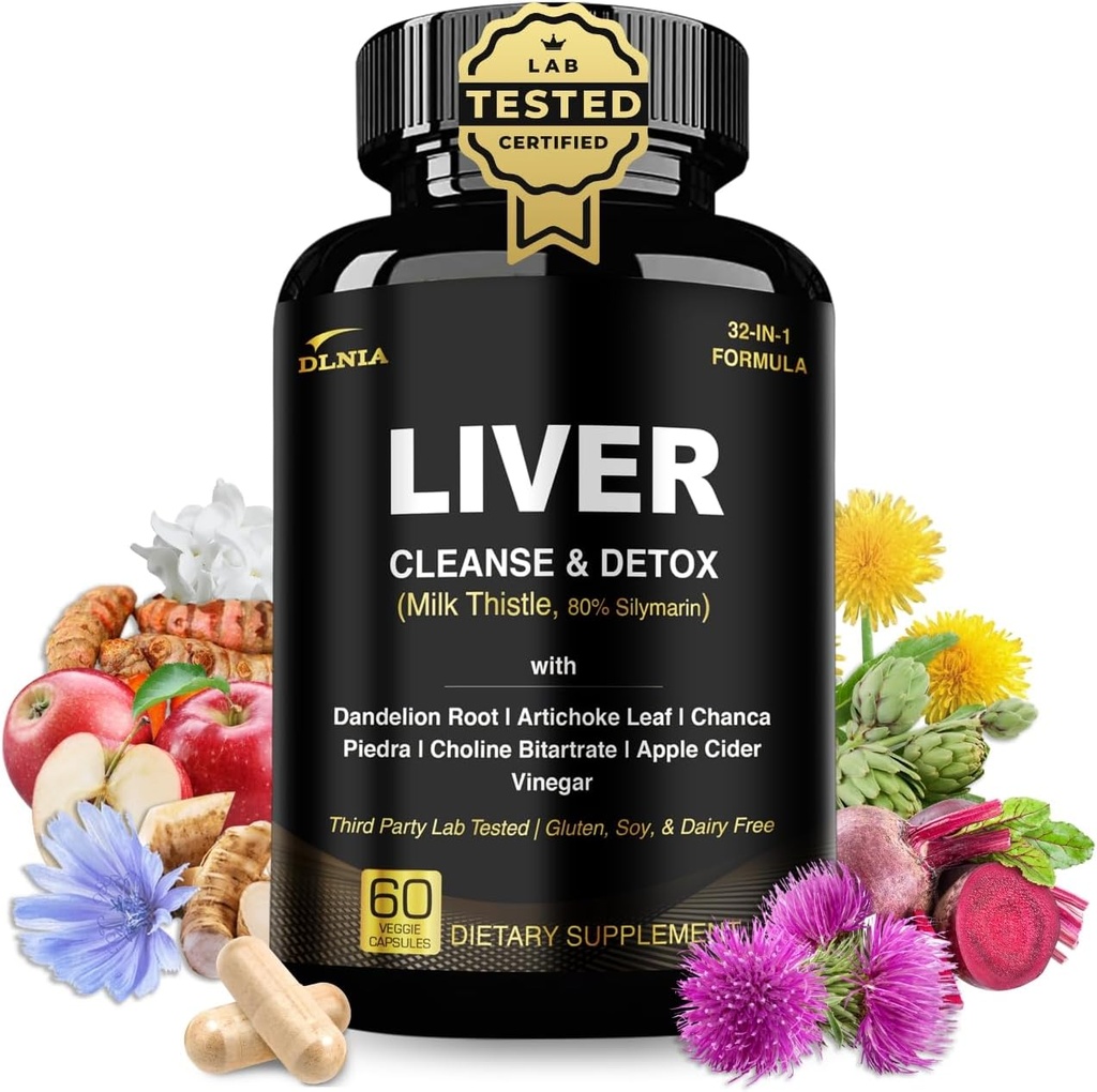 32 in 1 Liver Cleanse Detox & Repair Formula with Apple Cider Vinegar, Milk Thistle Supplement, Artichoke, Dandelion Root Supplement - Non-GMO & Vegan Herbal Liver Support & Repair