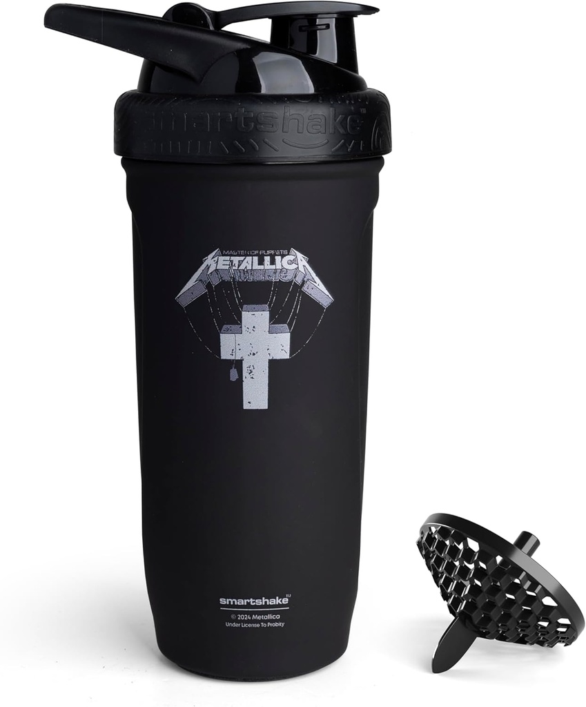 Smartshake Rockband Reforce Acero Inoxidable Protein Shaker Bottle 900 ml  durable 30 oz - Leakproof Screw-on Lid - BPA Gratis – Unisex - Metallica, Master of Puppets Logo en Bottle