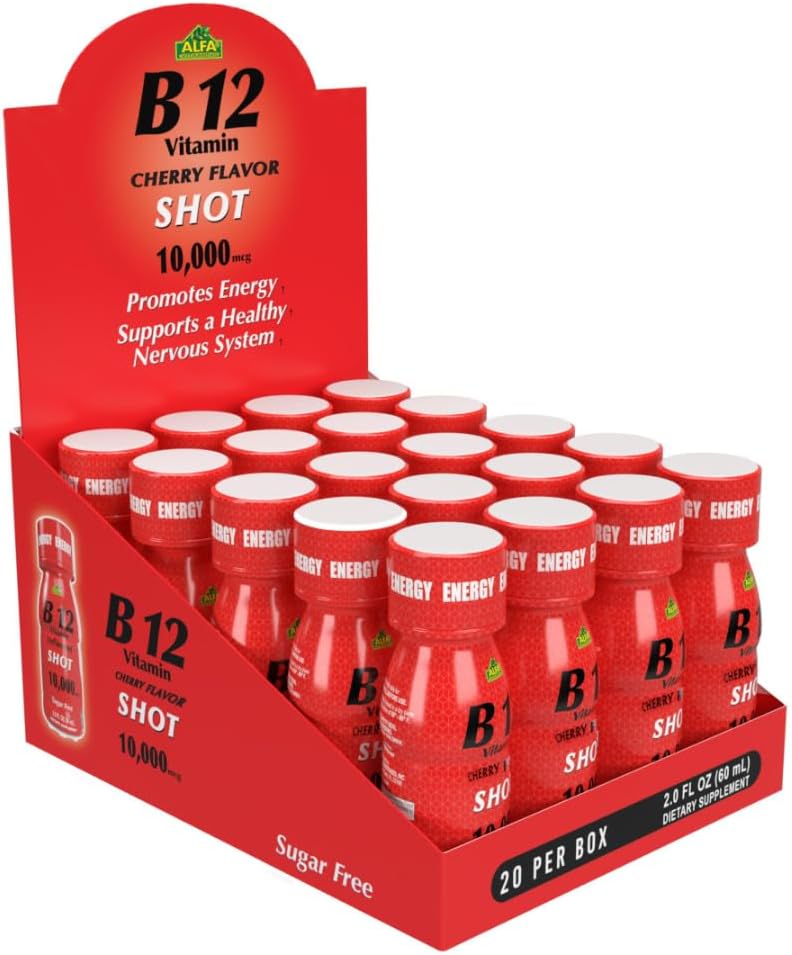 ALFA VITAMINS B12 Vitamina Shot con 10000 MCG Highest Potency - Sin azúcar, sin cafeína - Inyección energética (2.0 FL OZ botella) 20 Pack