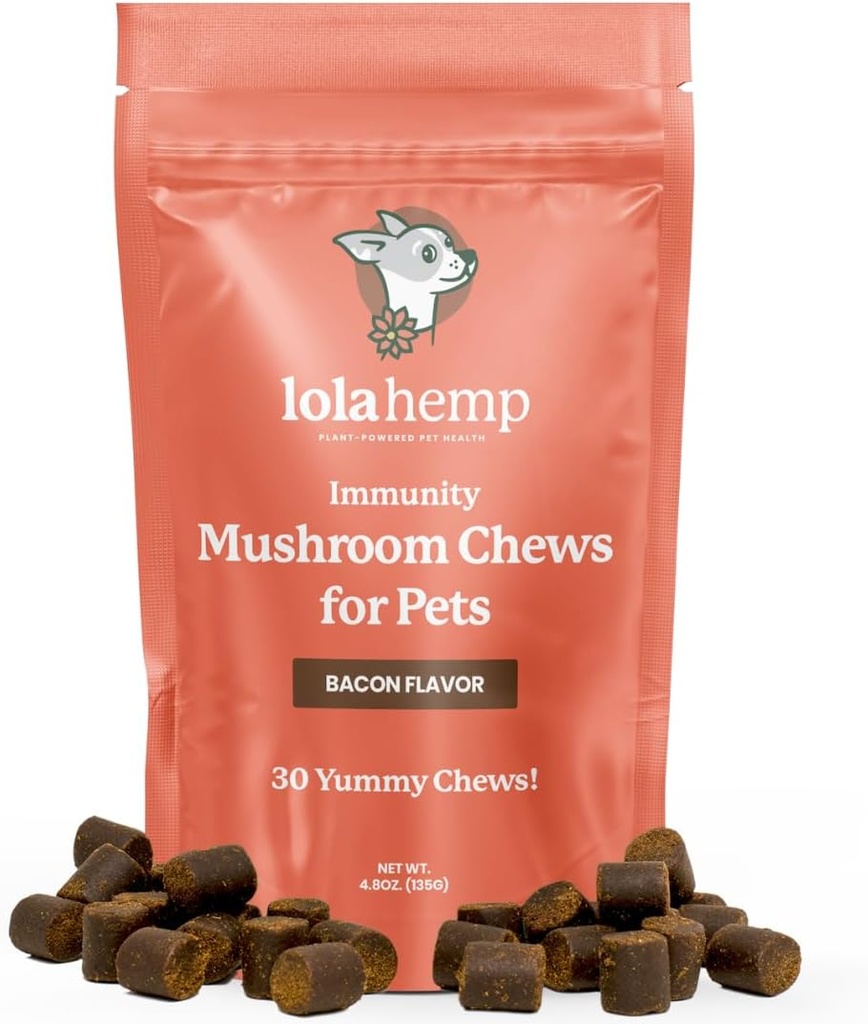 Lolahemp Mushroom Supplement for Dogs - Tasty Chews with Organic Mushroom Complex for Immune System " Cognitive Health - Turquía Tail, Reishi, Shiitake, Maitake " Lion's Mane