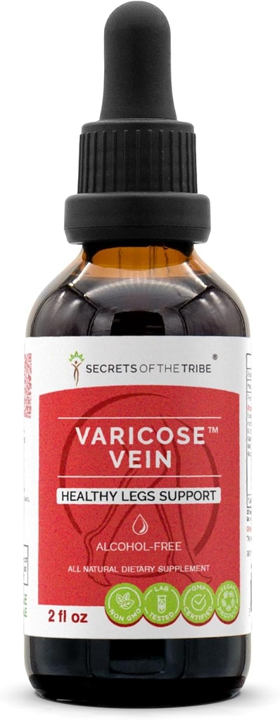 Secrets of the Tribe Varicose Vein Alcohol-Free, Glycerite Butcher's Broom, Horse Chestnut, Bilberry, Cayenne, Gotu Kola, Grape. Tintura, Extracto Herbal Las piernas sanas Soporte 2 OZ