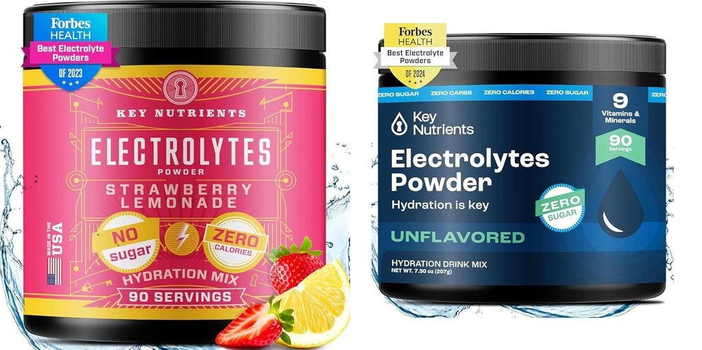 KEY NUTRIENTS Electrolytes Powder Bundle – Juicy Strawberry Lemonade & Unflavored Electrolyte Powders (90 Servings Every) – Sugar-Free, Keto-Friendly Hydration Powder for Energy, Recovery &amp; Endurance