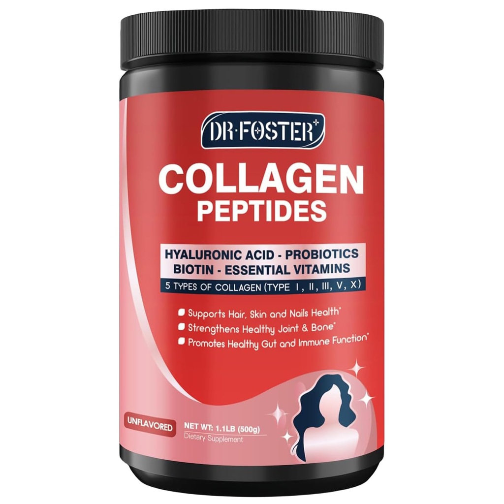 DRFOSTER Multi-Colágeno-Peptide-Powder con Probióticos, 50 Servidores de Peptidos de Collagen Hidrolizados con Ácido Hialurónico, Biotina & Multivitaminas - Soportes Skin, Hair, Nails Health