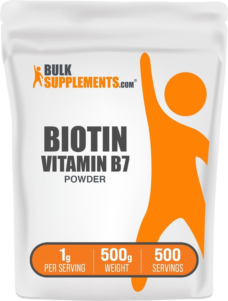 BulkSupplements.com Biotina 10000mcg Polvo - Vitamina B7, Vitaminas para el cabello, la piel y las uñas - Gluten Gratis, 1g por Serving (10mg Biotina), 500g (1.1 lbs) (Pack of 1)