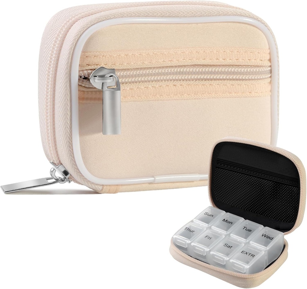 Pill Case Organizador semanal de píldoras de viaje para fines con caja extraíble de 7 días de píldoras Premium Neoprene Pill Container para accesorios de viaje, vitamina, suplemento, piezas pequeñas Arrangement-Cream amarillo