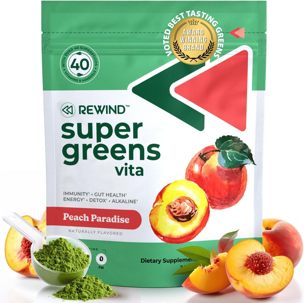 Mejor mezcla de Super Verdes Polvo con 40+ Superalimentos – Delicious Daily Green Powder con vitamina B12, zinc, vitamina C, magnesio y calcio – Green Juice Superfood Mix - Peach Flavor