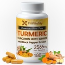 Curcumina Turmérica 2565 mg, 180 cápsulas, 95% Curcuminoides " Extracto Pepper Negro BioPerino, Suplemento Turmérico de Fuerza Extra, Todos Naturales " No - GMO, Sin gluten, Cápsulas Veganas
