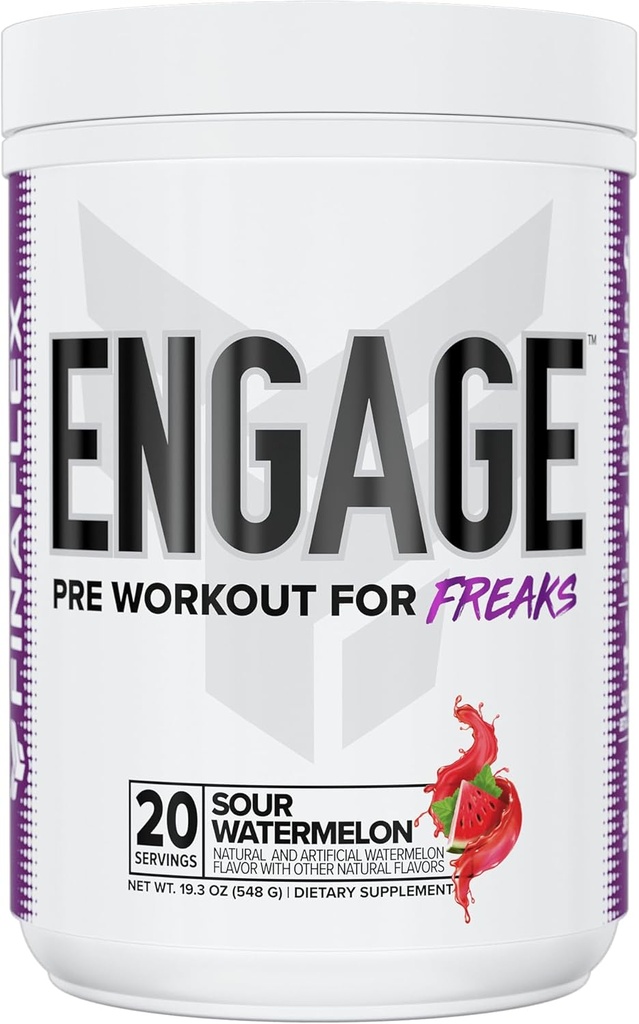 FINAFLEX Engage Pre Workout, Sour Watermelon - Train Harder, Longer & Stronger - Incluye Creatine, Beta-Alanine, Alpha GPC, Citrulline &amp; Caffeine - 20 Servings