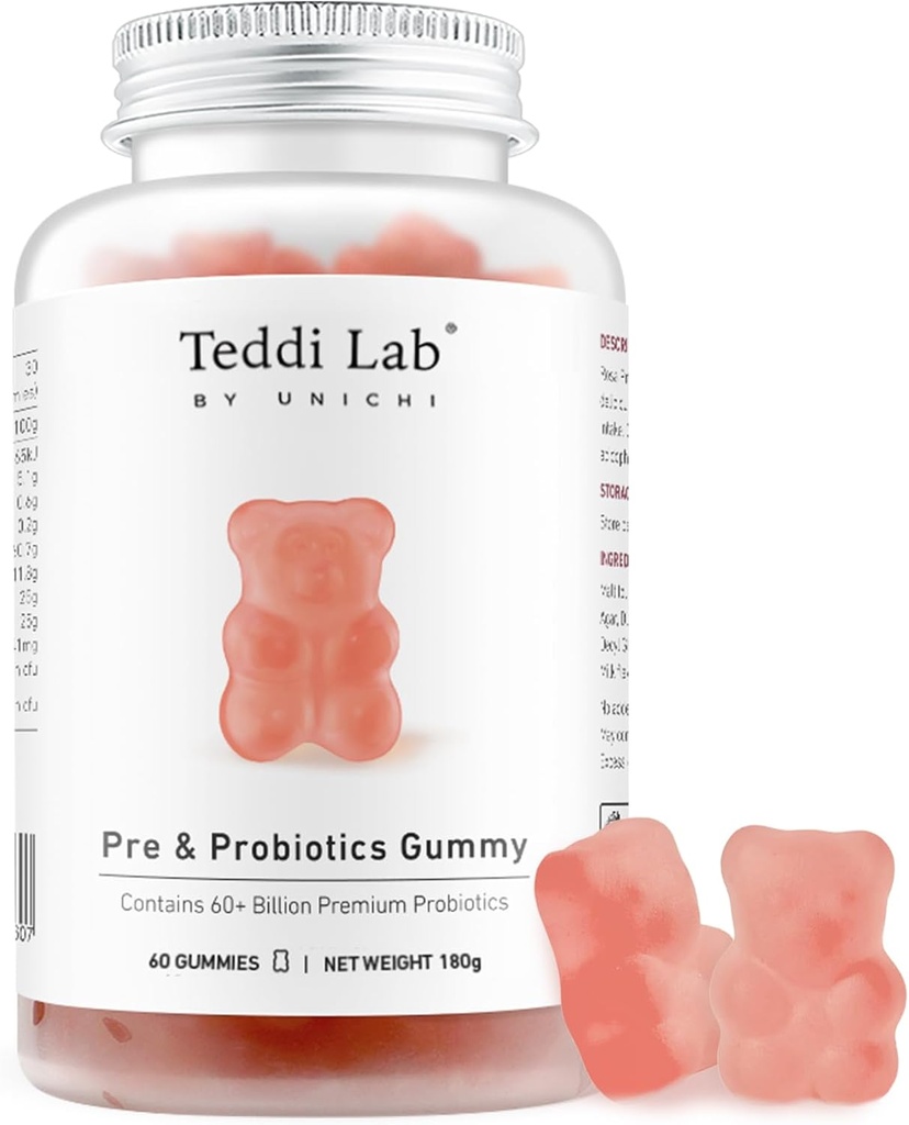 Unichi Pre " Probióticos Gummy, 60+ Probióticos de billón Combinados con Prebiótico para el Bienestar Digestivo y Equilibrio Interior, No GMO, Yogurt Favor, 60 Conde