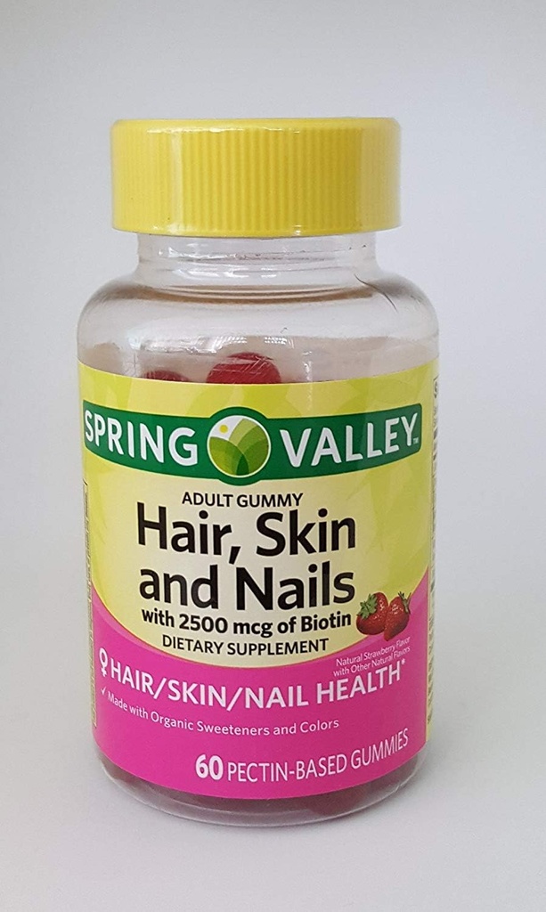 Cabello, piel y uñas de Spring Valley con 2500 mcg de suplemento dietético de Biotina, 60 gummies con base en Pectin