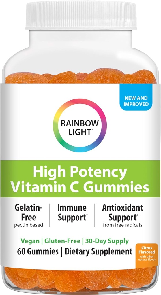 Rainbow Light High-Potency Vitamin C Gummies, Suplemento Gummy proporciona soporte antioxidante e inmunológico, con vitamina C, Vegan y Gluten Gratis, 60 Con