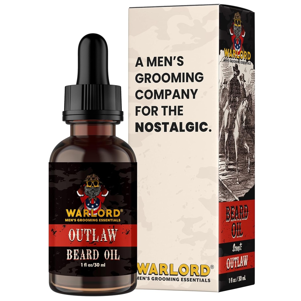 Aceite de barba WARLORD &amp; Suavedor de barba para hombres - Moisturizador de barba " Aceite de barba natural para reducir la picazón de la piel, el cabello y el manejo del frizz - Outlaw, 1 Fl Oz