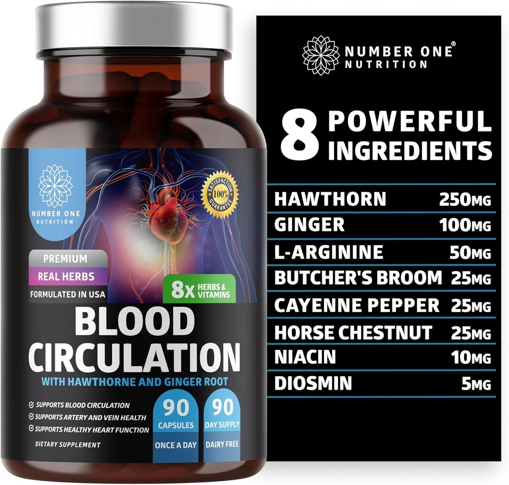Suplemento de Circulación de Sangre Premium para Mujeres y Hombres [8 potentes hierbas " vitaminas] Suplemento de Flujo de Sangre Natural con Hawthorn, Carnices Broom y Cayenne Pepper, 90 caps