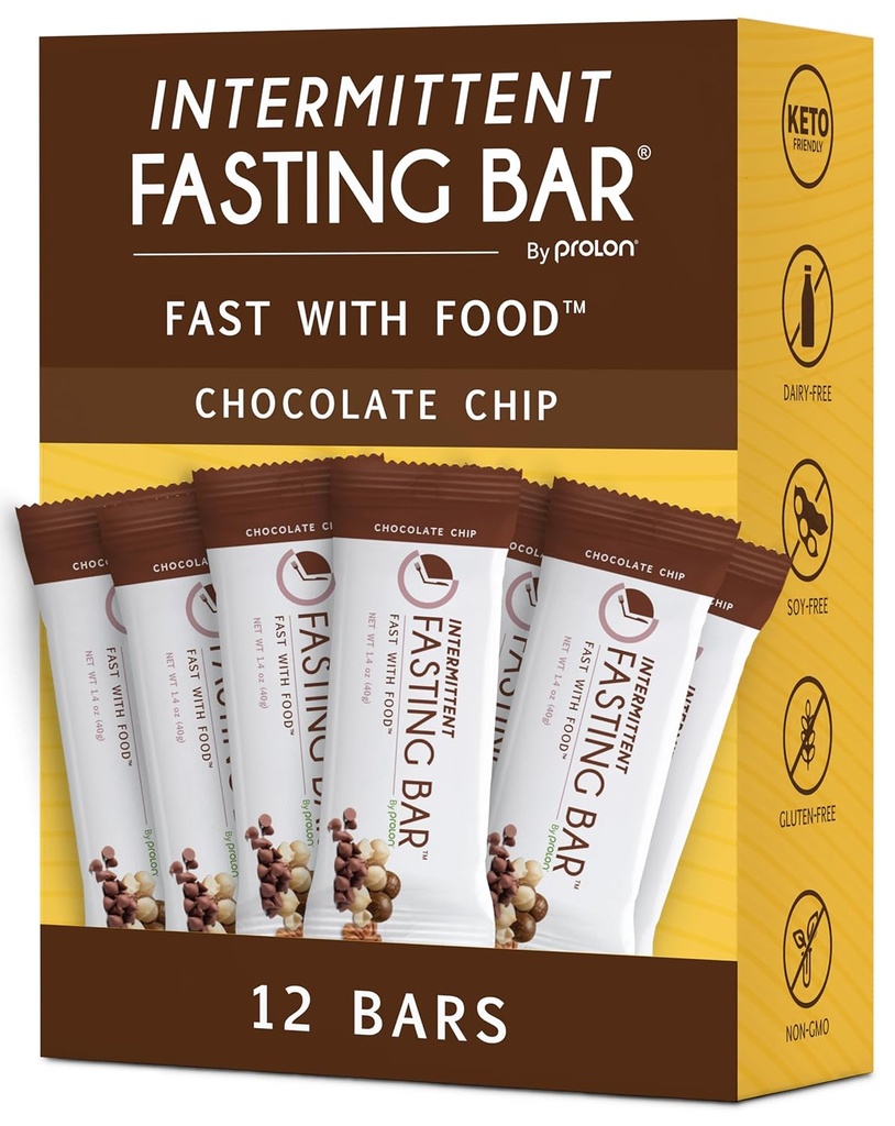 Prolon Fasting Bars ← 5g Protein, 7g Fiber ← Keto-Friendly, Gluten-Free, Dairy-Free, Plant-Based ← Nutrición para el ayuno intermitente Formulado para no romper su rápida vida útil Chocolate Chip (12 Conde)