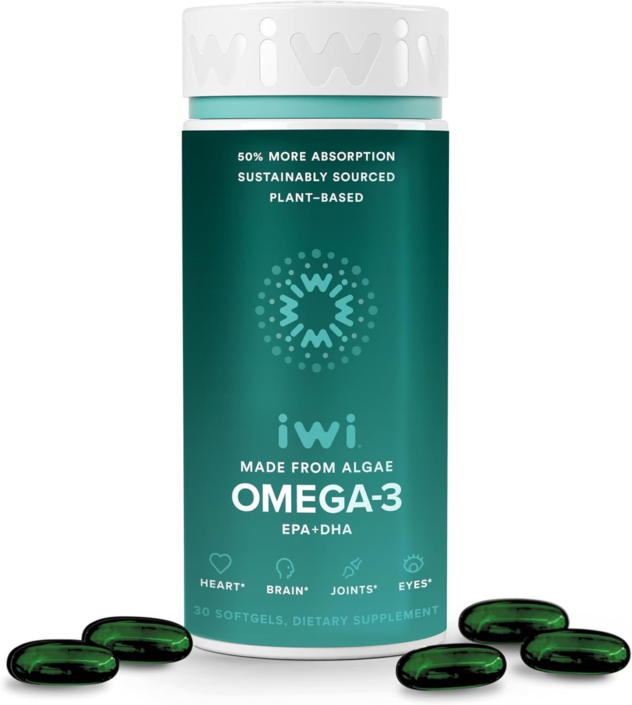 Iwi Omega-3, 30 Softgels (30 Servings), Vegan Plant-Based Algae Omega 3 con EPA + DHA, Whole-Body Support Suplemento dietético, Krill " Fish Oil Alternative, No Fishy Aftertaste