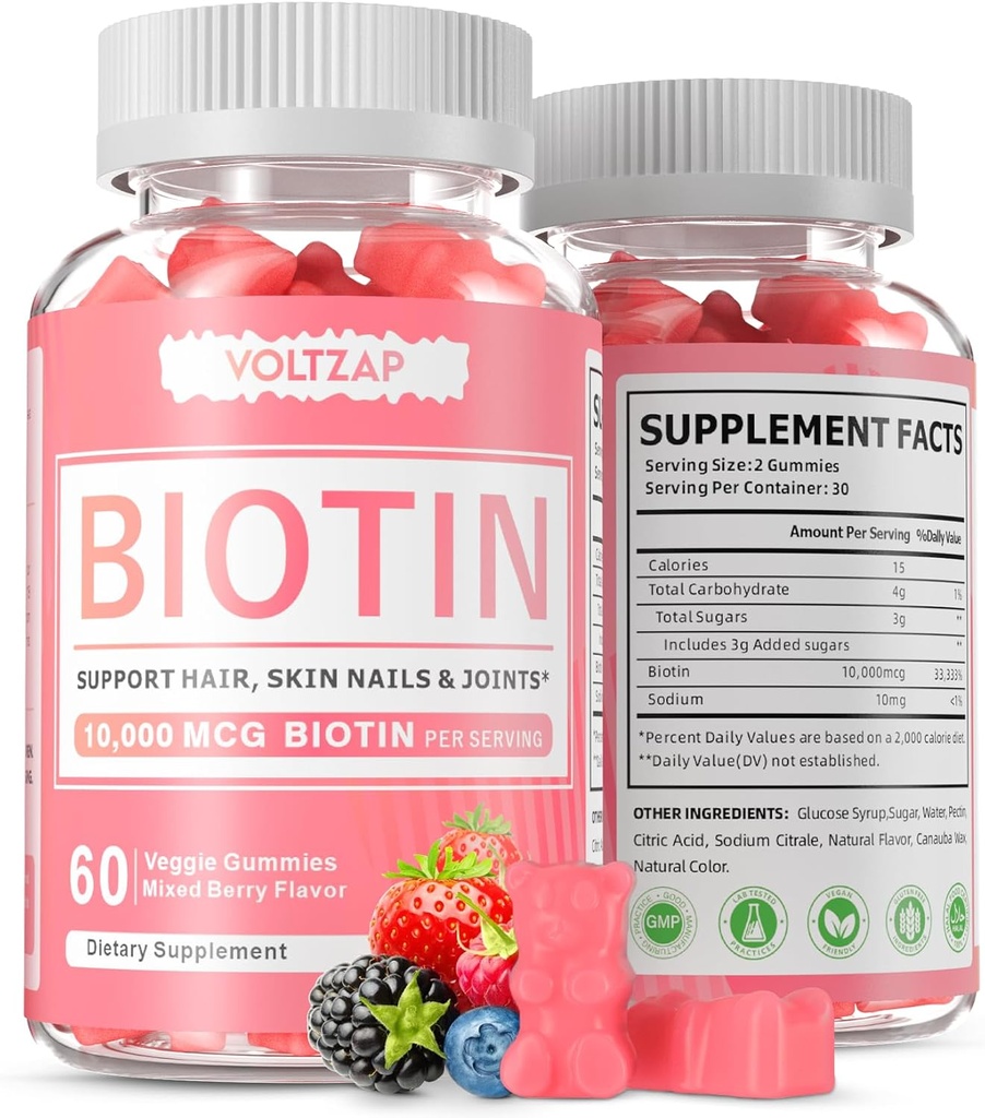 Suplemento de biotina, 60 Gummies Vegan, Apoyo Antioxidante para la piel sana, el cabello y las uñas para mujeres y hombres, no GMO