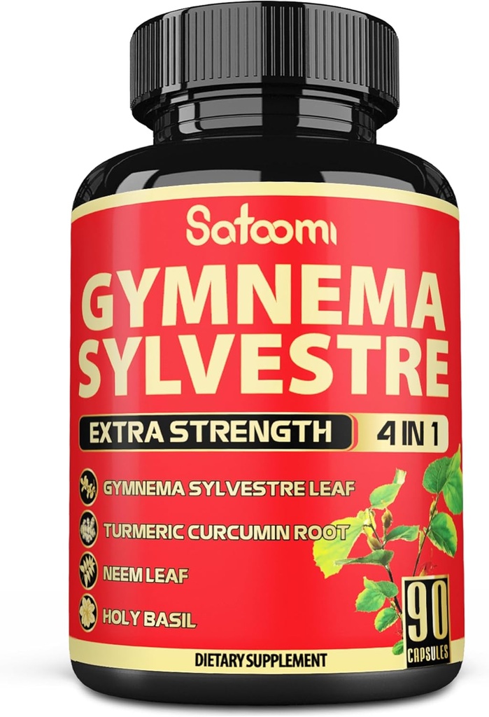 Satoomi Pure Gymnema Sylvestre Capsules Extract - 90 cápsulas para 3 meses - Combinado con Neem Leaf, Holy Basil & Turmeric Curcumin Root