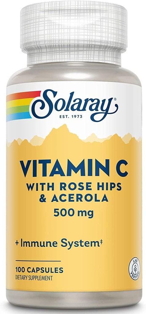 Solaray C w/Rose HIPS &amp; Acerola, Cápsula (Btl-Plastic) 500mg tención 100 Conde  durable Pack of 2