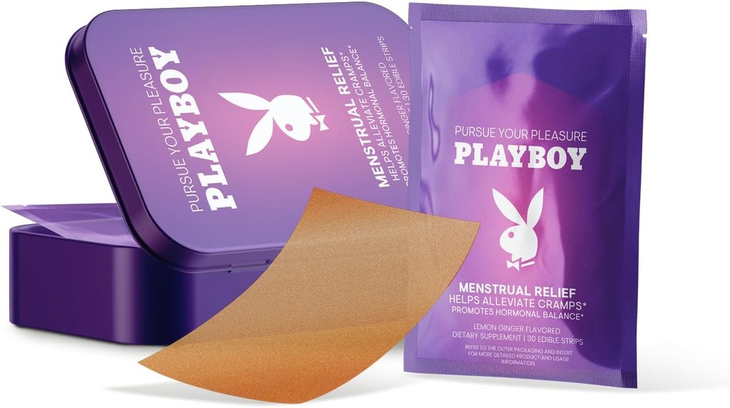 AVID Playboy - Menstrual Relief PMS Oral Strips (30 Edible Strips) Fast Dissolving PMS Cramp Relief & Hormonal Balance Strips for Women - Lemon Ginger Flavored Multi-Benefit PMS Supplement for Women