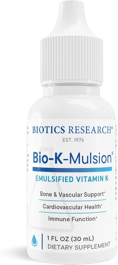 Biotics Research Bio K Mulsion Liquid Vitamin K Drops - 500 mcg/S - Vitamina K1 phytonadione para adultos - Suplemento VIT K - Huesos fuertes, Salud cardíaca, Sangre Clotting Support, 1 fl oz