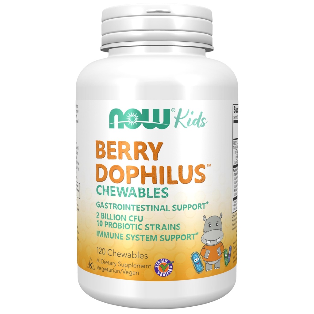 NOW Foods Supplements, BerryDophilus™ with 2 Billion, 10 Probiotic Strains, Xylitol Sweetened, Strain Verified, 120 Chewables, packaging may vary