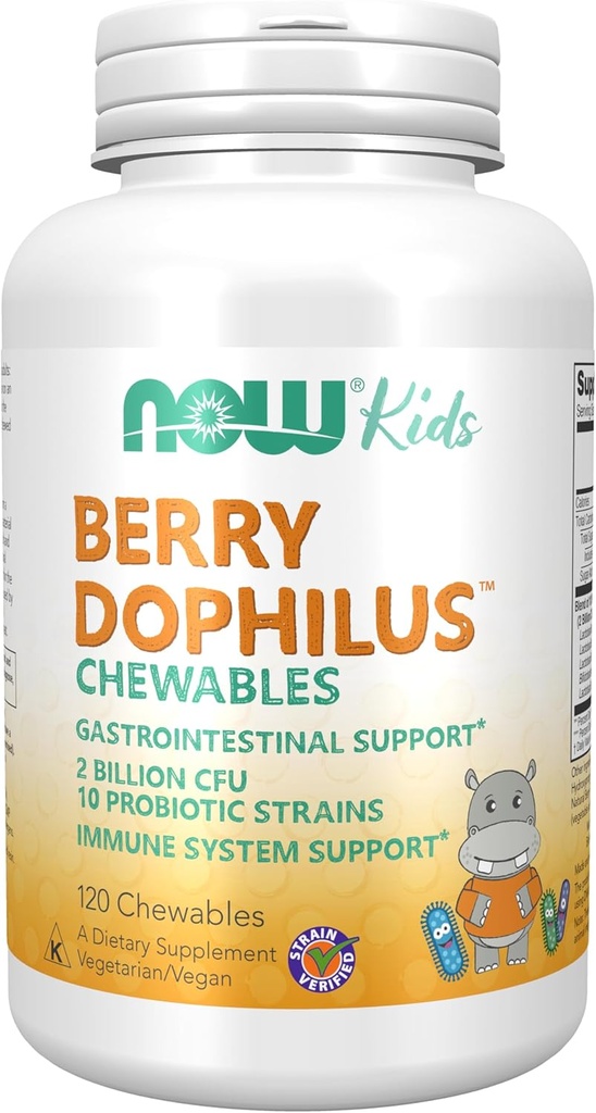 NOW Foods Supplements, BerryDophilus™ with 2 Billion, 10 Probiotic Strains, Xylitol Sweetened, Strain Verified, 120 Chewables, packaging may vary