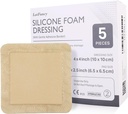 LotFancy Silicio Foam Dressing, 4"x 4" (2.5 "x2.5" Pad), 5 Conde, Sterile Fronterizo Adhesivo Dressing, Cama Sores, Leg Ulcers Wound Care Bandage, Highly Absorbent, Waterproof