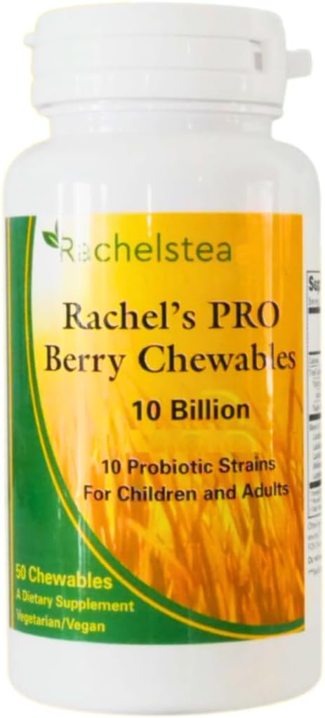 Raquel Pro Berry Chewables 10 cepas de billón, gastrointestinales, niños y adultos 50 masticables Gran sabor