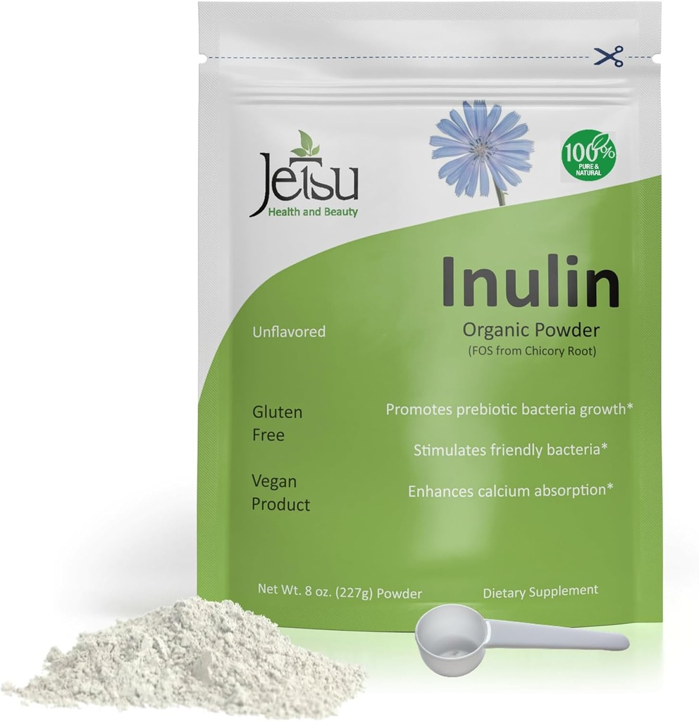 Jetsu Inulin Powder Organic Chicory Root (FOS) - Soluble Inulin Fiber Prebiotic Intestinal Support, Enhances Calcium Absorption, Estimula las bacterias amigas, promueve el crecimiento prebiótico, 8oz