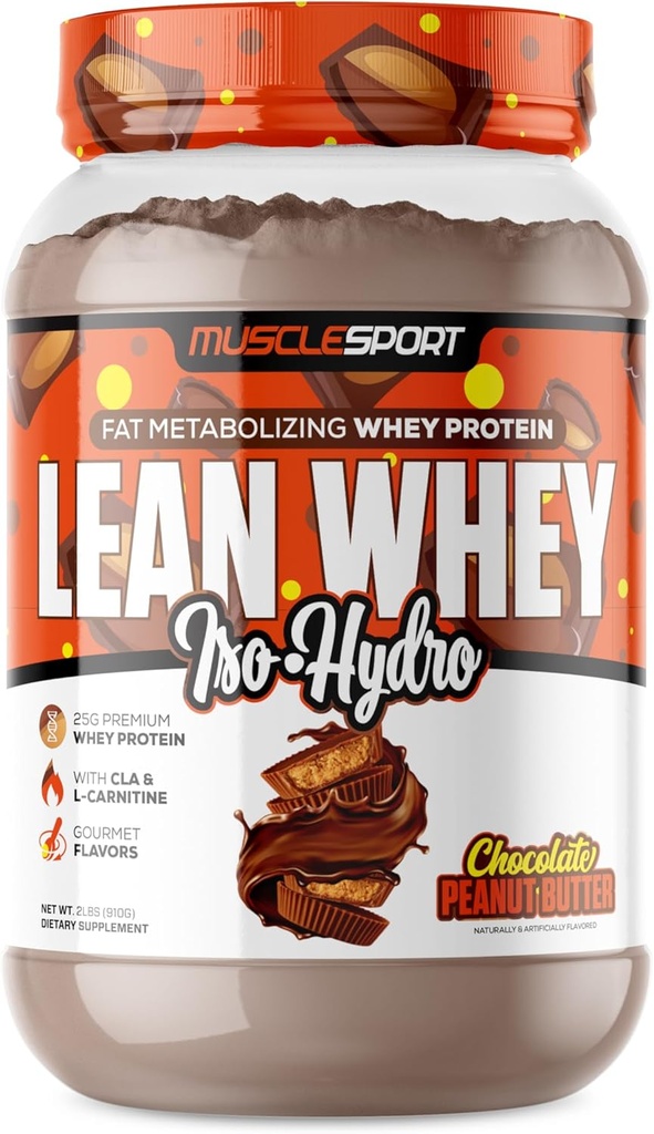 Musclesport Lean Whey RevolutionTM Protein Powder - Whey Protein Isolate - Baja Calorie, Baja Carb, Bajo Gordo, Sabores Increíbles - 25g Proteína por Scoop (2LB, Chocolate Mantequilla)
