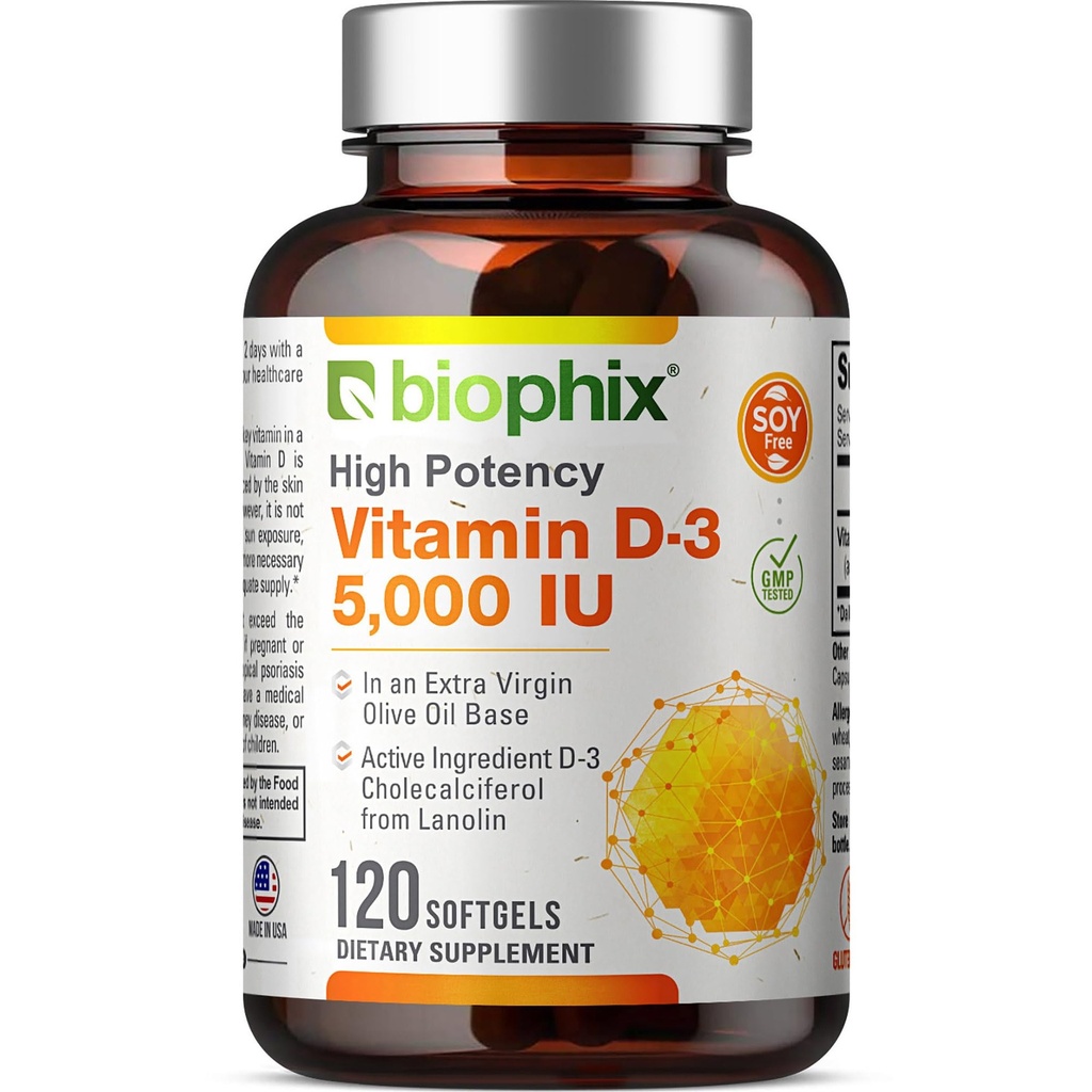 Vitamin D3 5000 IU Softgels 120 Count (125mcg) - Vitamin D-3 High-Potency in Extra Virgin Olive Oil Non-GMO Soy Free For Men and Women - Vit 3D Supplement Supports Strong Bones & Immune Health