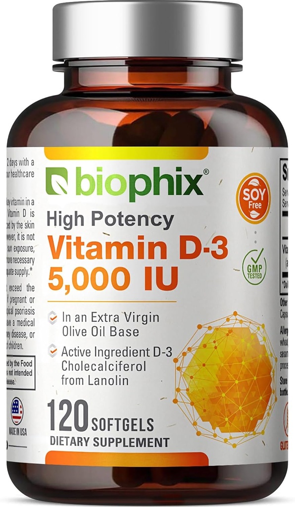 Vitamina D3 5000 UI Softgels 120 Cuenta (125mcg) - Vitamina D-3 High-Potency in Extra Virgin Olive Oil Non-GMO Soy Gratis Para Hombres y Mujeres - Vit 3D Suplementos Soportes Strong Bones &amp; Immune Health