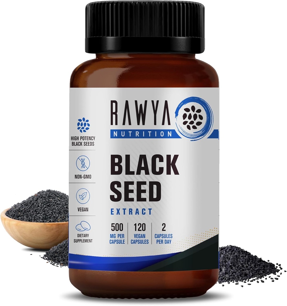 RAWYA Nutrition Black Seed Extract, Nigella Sativa, Black Cumin Seed Powder, 500 mg Cada uno, promueve Wellness, Flexibilidad y Radiant Skin, Halal, Vegan, Pure & Natural Supplement - 120 Vegan Capsules