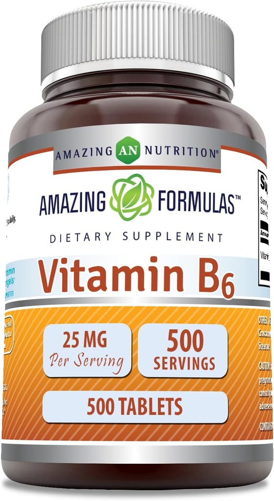 Fórmulas asombrosas Vitamina B6 (Pyridoxine) 25 Mg Suplemento TENIDO Tablets ← No Gluten-Free TEN Made in USA (1 Pack TEN 500 Count)