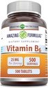 Fórmulas asombrosas Vitamina B6 (Pyridoxine) 25 Mg Suplemento TENIDO Tablets ← No Gluten-Free TEN Made in USA (1 Pack TEN 500 Count)