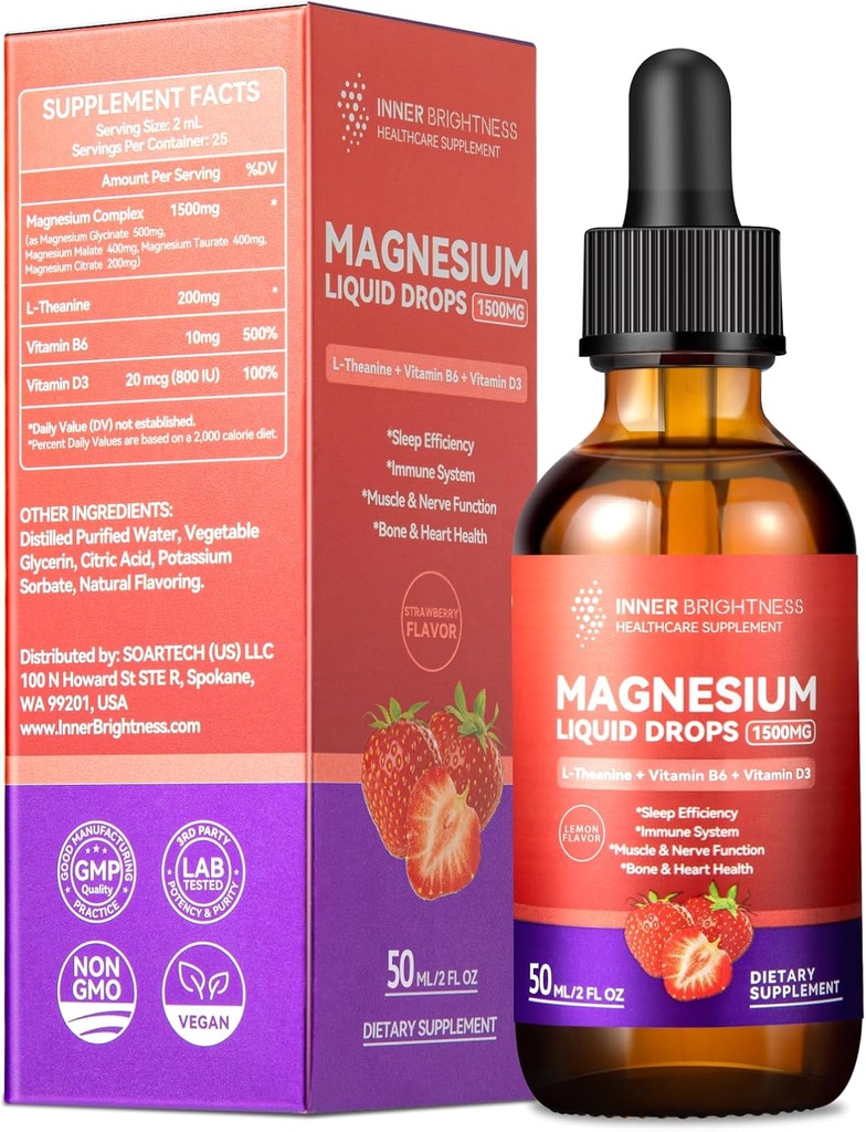 Gotas líquidas de magnesio Glycinate con citrato de magnesio &amp; Taurate, L-Theanine, Vitamina D3, B6 - Soporta calma, sueño, relajación muscular, calambres de pierna &amp; energía, sabor a fresa libre de azúcar, 50mL