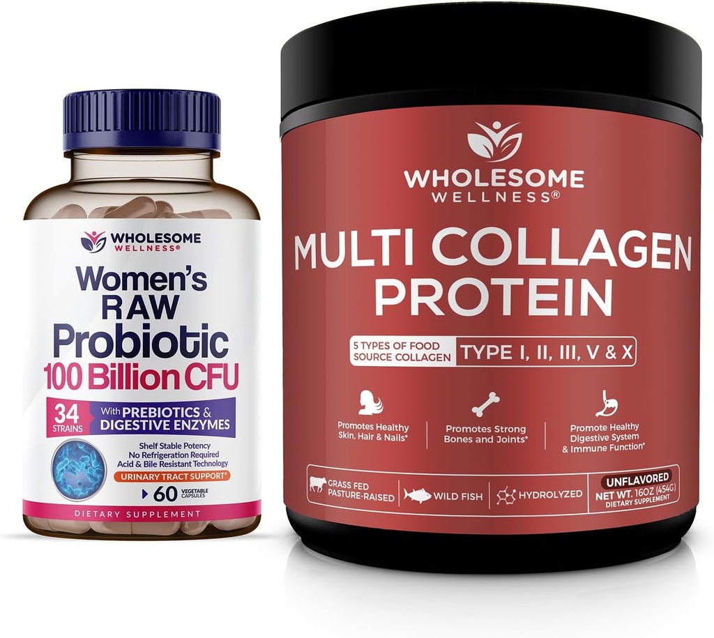 Probióticos de bienestar integral para mujeres 100 millones de UF con prebióticos, enzimas digestivas + pólvora multi colágeno hidrolizado (Tipo I II III V X)