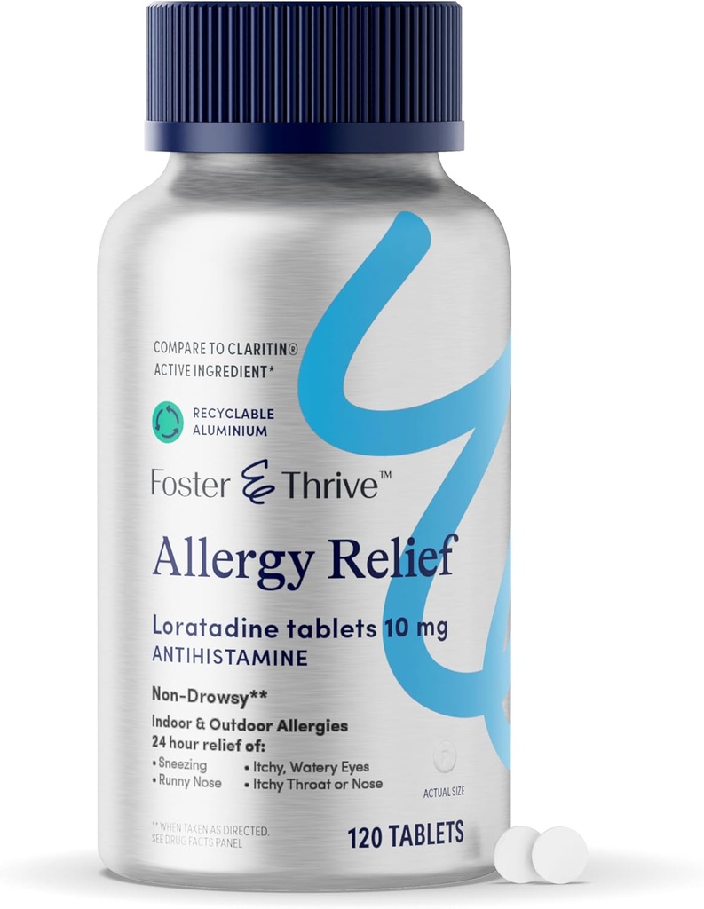 Foster " Thrive Loratadine 10mg Non Drowsy Alergy Relief for Sinus Pressure and Seasonal Allergies, Antihistamine Relieves Itchy Eyes, Sneezing, Children and Adults, 120 Tablets