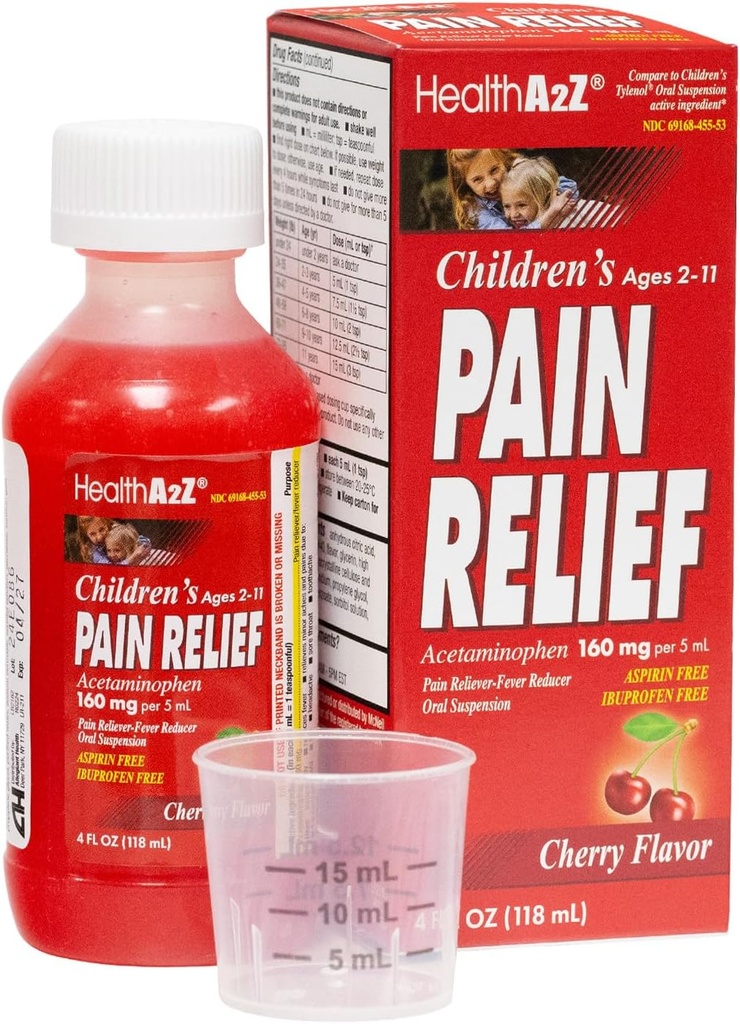 HealthA2Z® Children's Pain Relief ← Acetaminophen 160 mg (5mL) Silencio Edades 2-11 Silencio Cherry Flavor ¦ Pain Reliever - Fever Reducer - Oral Suspension  Aspirin and Ibuprofen Free ← 4FL Oz (118 mL)