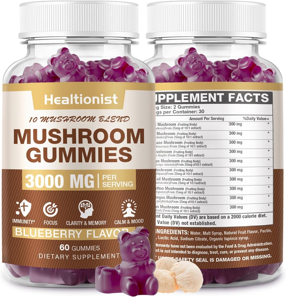 3000MG Mushroom Complex Gummies 10 Blend - Lion's Mane Gummies for Adults, Cordyceps, Shiitake, Reishi, Chaga, - Brain, Immune Support & Stress Relief, Energy, Mushroom Supplement for Men &amp; Women 60ct