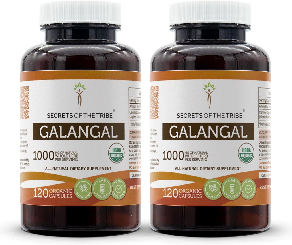 Secretos de la Tribu Galangal 120 Capsules (2 pcs.), 1000 mg, USDA Organic Galangal (Alpinia Galangal) Root seco (2x120 cápsulas)