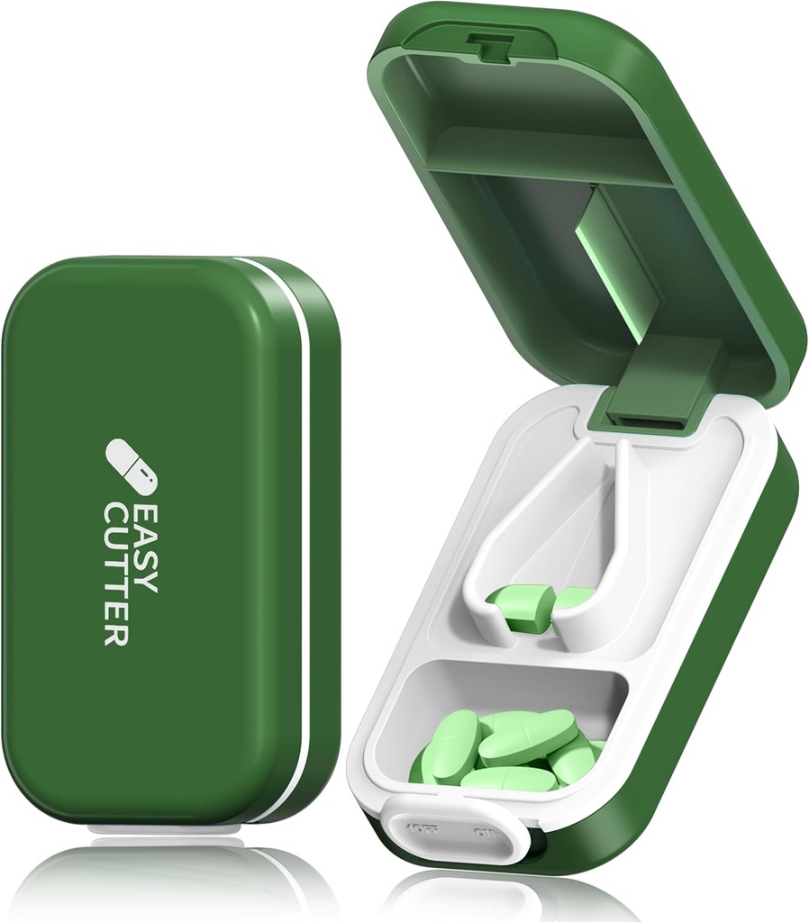 Pill Cutter para Pequeñas o Grandes Píldoras Diseño de Vitaminas Tablet en los EE.UU. con almohadilla de silicona desmontable y diseño de cuchillas de seguridad fácil de abrir.(Olive)