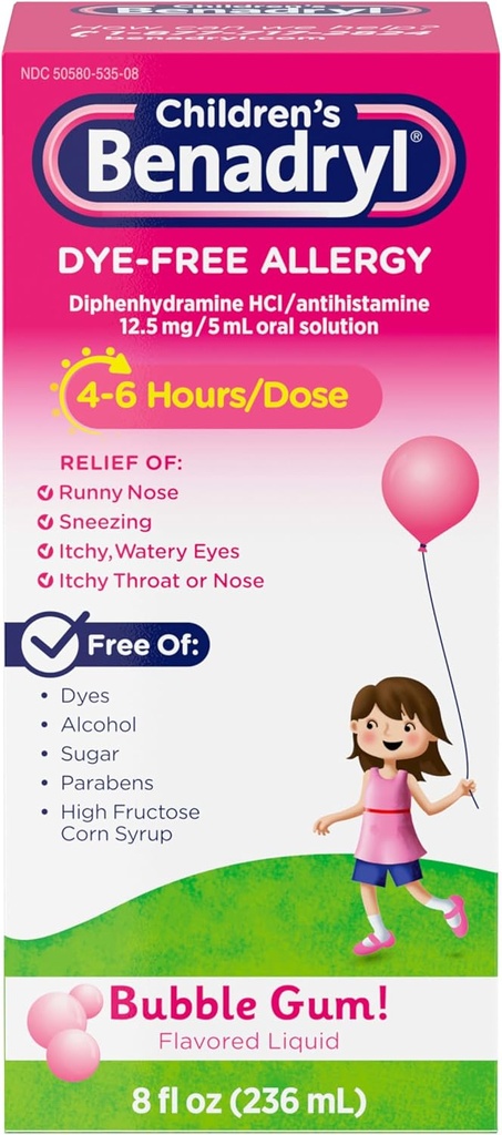 Benadryl Children’s Dye-Free Alergy Relief Liquid, Allergy Medicine for Kids, 12,5 mg Diphenhydramine HCl Antihistamine, Alivia Runny Nose &amp; Sneezing, Paraben-Free, Bubble Gum Flavor, 8 fl.