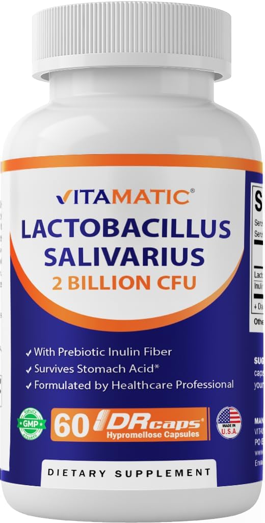 Vitamatic Lactobacillus Salivarius 2 Billón por cápsula DR - 60 Cuenta - Apoyo Digestivo - Hecho con fibra prebiótica de inulina (1 Botella)